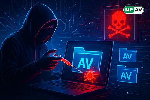 Cyber threat infographic: Whitelisted program icons (msiexec.exe) injecting DLLs into AV folder shields, malware persistence arrows; protective shields for auditing and monitoring, with "Audit Your Whitelisting" warning banner over a Windows system.