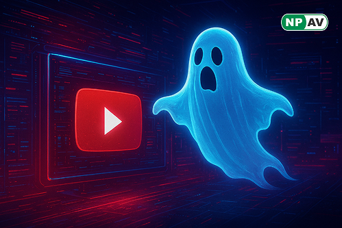 Malware alert infographic: YouTube play button with ghost icons spreading infostealers, red archive locks; protective shields for antivirus and reporting, with "Avoid Game Hacks" warning banner over a video feed.