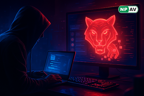 Malware alert infographic: Gamer avatar with RedTiger claws stealing Discord and crypto icons, webcam eye; protective shields for 2FA and updates, with "Secure Your Gaming" warning banner over a gaming setup.