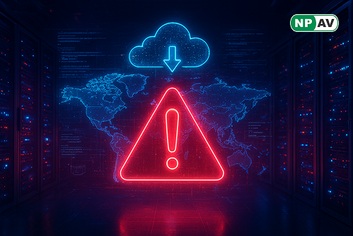 Outage alert infographic: AWS cloud with DNS error icons, arrows to disrupted services like Amazon and Netflix; protective shields for monitoring and diversification, with "Build Resilience" warning banner over a global network.
