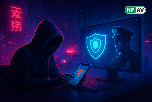 Fraud alert infographic: Chinese app icon tracking police actions, arrows to money shifts and crypto wallets; protective shields for KYC and freezes, with "Secure Your Accounts" warning banner over a Rajasthan map.