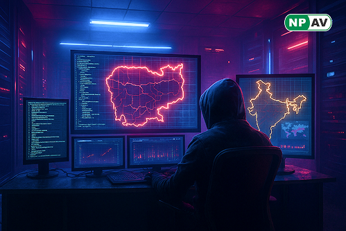 Cybercrime alert infographic: Cambodia flag with scam call icons targeting India, arrows to crypto wallets; protective shields for diplomacy and tracing, with "Fight Cyber Slavery" warning banner over a global map.