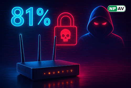 Security alert infographic: Router icon with unlocked password, arrows to malware and botnets; protective shields for password changes and updates, with "Secure Your Router" warning banner over a home network.