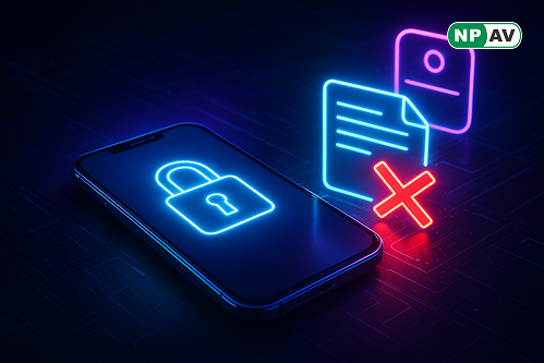Security alert infographic: iOS 26 icon overwriting shutdown logs, erasing spyware traces; red flags for evidence loss, protective shields for monitoring, with "Protect Your Privacy" warning banner over a smartphone screen.
