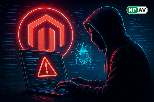 Security alert infographic: Adobe Magento icon with red exploit arrows to customer accounts; protective shields for patches and firewalls, with "Update Your Store" warning banner over an e-commerce site.