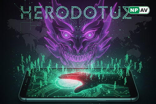 Malware alert infographic: Android phone with Herodotus icon mimicking typing, arrows to bypassed biometrics; protective shields for antivirus and verification, with "Secure Your Mobile" warning banner.