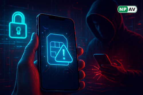 Fraud alert infographic: Phone with swapped SIM icon, arrows to stolen OTPs and bank accounts; protective shields for MFA and monitoring, with "Secure Your Number" warning banner.