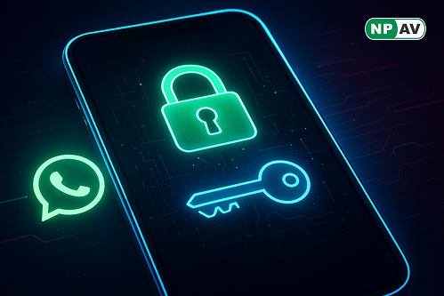 Security update infographic: WhatsApp icon with passkey lock, arrows to biometric access; protective shields for encryption, with "Secure Your Chats" banner over a backup screen.