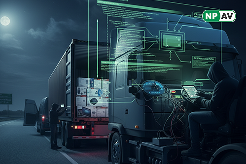 Cyber threat infographic: Truck with RMM tools icon, arrows to stolen cargo; protective shields for MFA and monitoring, with "Secure Your Fleet" warning banner over a highway.