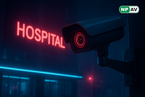 Privacy breach infographic: CCTV camera with hacked icon, arrows to sold pictures; protective shields for strong passwords and updates, with "Secure Your Cameras" warning banner over a hospital.