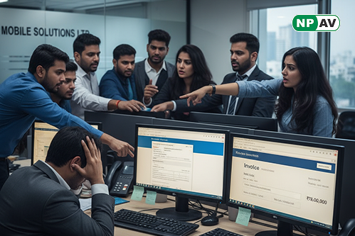 Fraud alert infographic: Email icon with spoofed domain, arrows to stolen funds; protective shields for verification and training, with "Verify Your Emails" warning banner over a business setting.