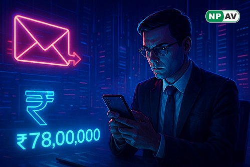 Fraud alert infographic: Email icon with spoofed domain, arrows to stolen funds; protective shields for verification and training, with "Verify Your Emails" warning banner over a business setting.