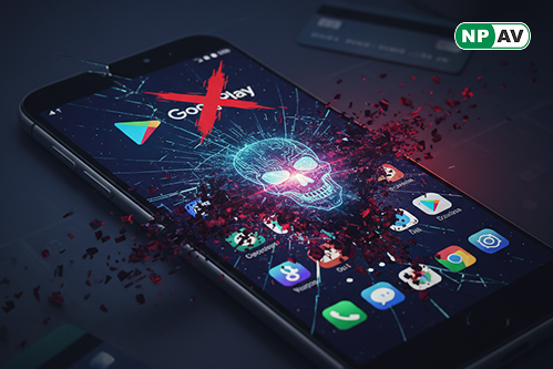 Malware alert infographic: Google Play icon with 239 apps, arrows to 42 million downloads; protective shields for vetting and security, with "Check Your Apps" warning banner over a smartphone.