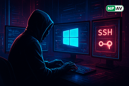 Cyber threat infographic: FIN7 icon with SSH backdoor, arrows to remote access; protective shields for monitoring and segmentation, with "Secure Your Network" warning banner over a server.
