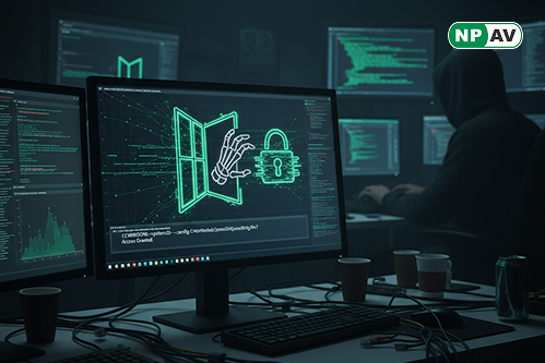Cyber threat infographic: FIN7 icon with SSH backdoor, arrows to remote access; protective shields for monitoring and segmentation, with "Secure Your Network" warning banner over a server.
