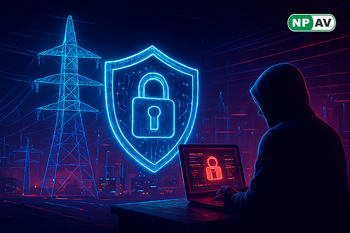 Security upgrade infographic: Power grid with cyber shields, arrows to regulations; protective layers for policies and monitoring, with "Secure the Grid" warning banner over an electricity network.