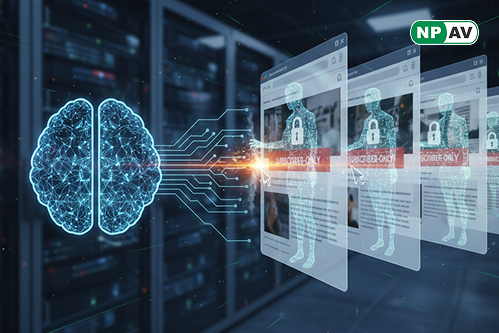 Content theft infographic: AI browser icons bypassing paywalls, arrows to hidden content; protective shields for advanced detection, with "Protect Your Articles" warning banner over a website.