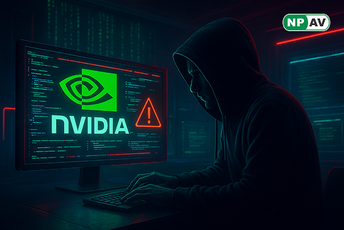 Security alert infographic: NVIDIA App icon with code execution arrows, privilege escalation; protective shields for updates, with "Patch Your Software" warning banner over a Windows PC.