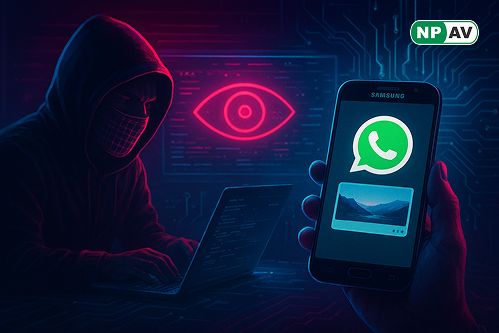 Spyware alert infographic: WhatsApp image with hidden spyware, arrows to camera and mic access; protective shields for updates, with "Update Your Phone" warning banner over a Samsung device.