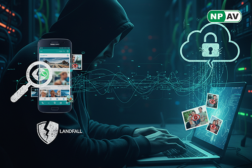 Spyware alert infographic: WhatsApp image with hidden spyware, arrows to camera and mic access; protective shields for updates, with "Update Your Phone" warning banner over a Samsung device.