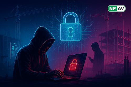 Cyber threat infographic: Construction site with APT arrows stealing credentials; protective shields for training and encryption, with "Secure Your Projects" warning banner over blueprints.