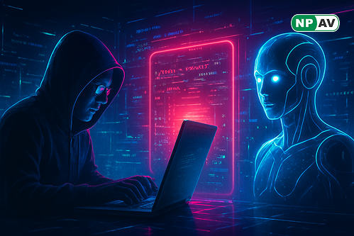 AI threat infographic: AI agent icon with altered prompts, arrows to malicious actions; protective shields for approval and monitoring, with "Secure Your AI" warning banner over a chatbot.