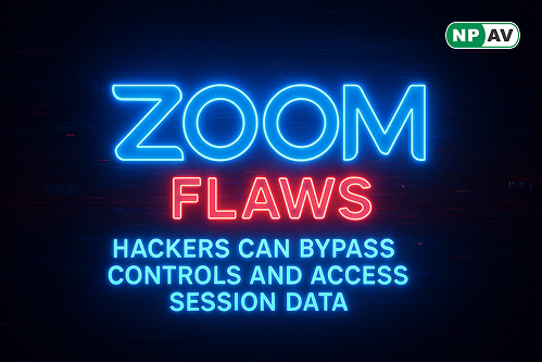 Security alert infographic: Zoom icon with bypass arrows to session data; protective shields for updates and MFA, with "Update Your Zoom" warning banner over a video call.