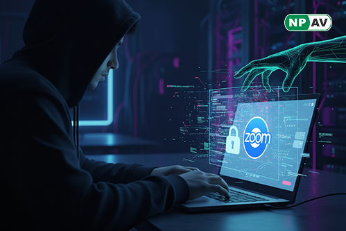 Security alert infographic: Zoom icon with bypass arrows to session data; protective shields for updates and MFA, with "Update Your Zoom" warning banner over a video call.
