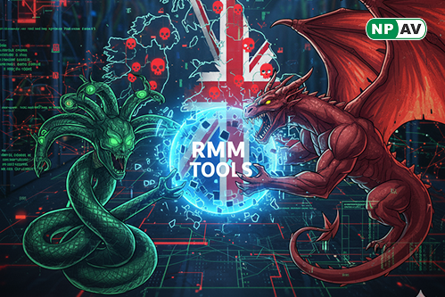 Ransomware alert infographic: RMM tools with exploit arrows to Medusa and DragonForce; protective shields for patching and monitoring, with "Secure Your Supply Chain" warning banner over a server network.