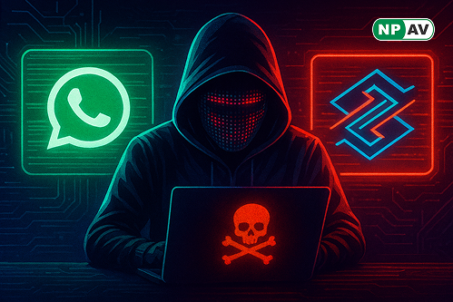 Malware alert infographic: WhatsApp icon with hijack arrows to bank credentials; protective shields for MFA and antivirus, with "Secure Your Messages" warning banner over a smartphone.