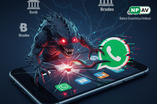 Malware alert infographic: WhatsApp icon with hijack arrows to bank credentials; protective shields for MFA and antivirus, with "Secure Your Messages" warning banner over a smartphone.