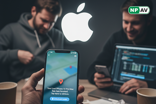 Phishing alert infographic: Lost iPhone with fake recovery message, arrows to stolen Apple ID; protective shields for verification and passwords, with "Don't Click Links" warning banner over a smartphone.