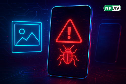 Malware alert infographic: Photo frame with auto-download arrows to spyware; protective shields for updates and isolation, with "Secure Your IoT" warning banner over a smart home.