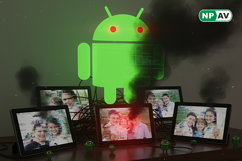 Malware alert infographic: Photo frame with auto-download arrows to spyware; protective shields for updates and isolation, with "Secure Your IoT" warning banner over a smart home.