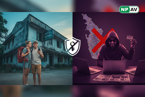 Scam alert infographic: Hotel booking with fake staff icon, arrows to QR code payments; protective shields for verification, with "Verify Directly" warning banner over a travel scene.