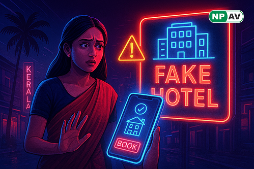 Scam alert infographic: Hotel booking with fake staff icon, arrows to QR code payments; protective shields for verification, with "Verify Directly" warning banner over a travel scene.