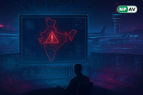 Map of seven Indian airports impacted by cyberattacks: Delhi, Mumbai, Kolkata, Hyderabad, and Bengaluru, showing GPS spoofing locations.