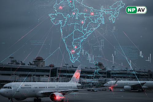 Map of seven Indian airports impacted by cyberattacks: Delhi, Mumbai, Kolkata, Hyderabad, and Bengaluru, showing GPS spoofing locations.