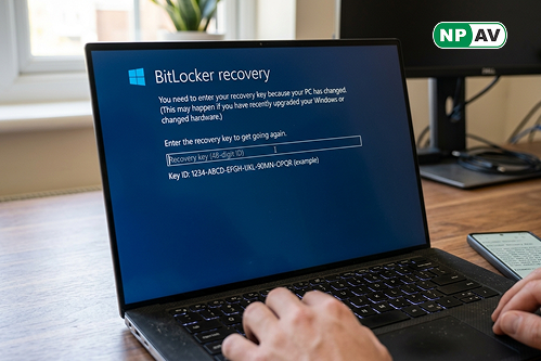Windows 11 system showing BitLocker recovery key screen after update installation
