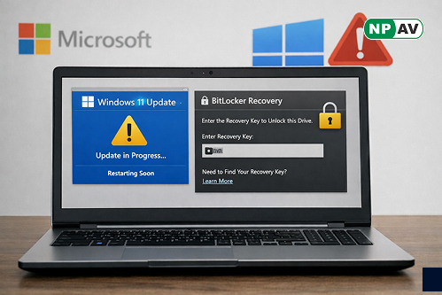 Windows 11 system showing BitLocker recovery key screen after update installation