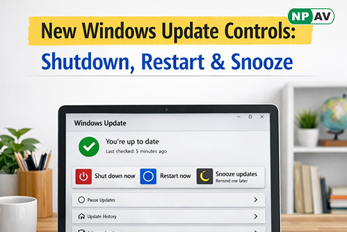 Windows 11 laptop showing new Microsoft update options for shutdown, restart, and pause updates.