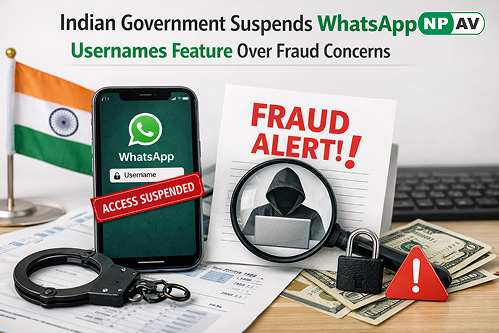 Illustration showing WhatsApp usernames feature paused in India due to government concerns over online fraud, phishing, and impersonation scams.