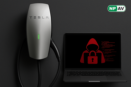 Tesla charger and laptop where on screen hacker and lock sign
