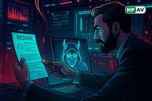 Illustration of Iranian APT group Nimbus Manticore launching fake job recruitment phishing attacks on European critical infrastructure, featuring malware icons, fake websites, and targeted sectors like aerospace and telecom.