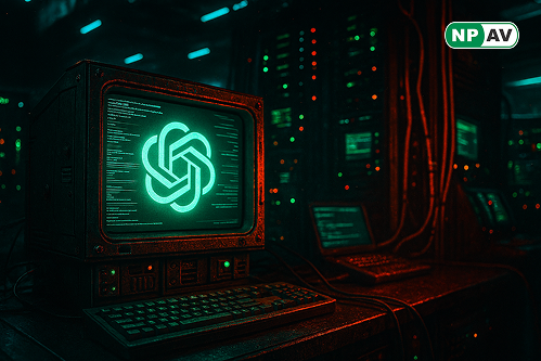 Illustration of MalTerminal malware interface prompting for ransomware or reverse shell generation via GPT-4 API, highlighting AI-powered dynamic code creation in cybersecurity threats.