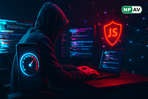 Illustration of fake speedtest app interface revealing hidden malicious JavaScript code, Node.js execution, data exfiltration to C2 server, and security icons for mitigations like EDR and whitelisting.