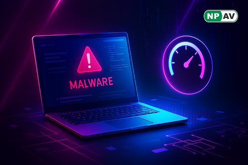 Illustration of fake speedtest app interface revealing hidden malicious JavaScript code, Node.js execution, data exfiltration to C2 server, and security icons for mitigations like EDR and whitelisting.