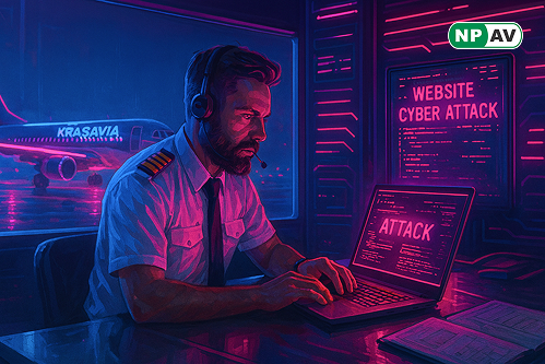 Image showing KrasAvia airline website offline with a cyberattack warning and manual flight operation procedures in progress.