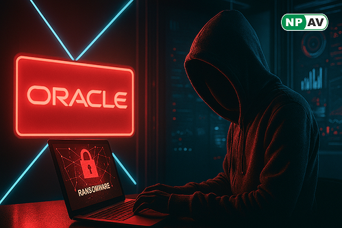 Infographic depicting threat actors exploiting Oracle Database Scheduler with extjobo.exe for command execution, Ngrok tunneling, and ransomware staging on a corporate server network.
