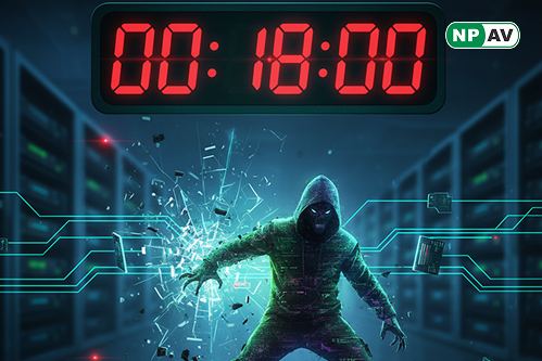 Infographic showing 18-minute enterprise breach timeline with icons for Oyster malware exploiting rundll32.exe and scheduled tasks, Gamarue USB attacks, drive-by compromises, and security shields for behavioral monitoring and anomaly detection.